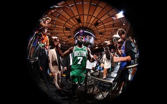 (EDITORS NOTE: Image was taken with a circular fisheye lens.) NEW YORK, NY - NOVEMBER 5: Jaylen Brown #7 of the Boston Celtics walks off the court after the game against the New York Knicks on November 5, 2022 at Madison Square Garden in New York City, New York.  NOTE TO USER: User expressly acknowledges and agrees that, by downloading and or using this photograph, User is consenting to the terms and conditions of the Getty Images License Agreement. Mandatory Copyright Notice: Copyright 2022 NBAE  (Photo by Nathaniel S. Butler/NBAE via Getty Images)