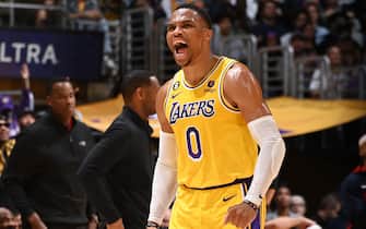 LOS ANGELES, CA - NOVEMBER 2: Russell Westbrook #0 of the Los Angeles Lakers yells and celebrates against the New Orleans Pelicans on November 2, 2022 at Crypto.Com Arena in Los Angeles, California. NOTE TO USER: User expressly acknowledges and agrees that, by downloading and/or using this Photograph, user is consenting to the terms and conditions of the Getty Images License Agreement. Mandatory Copyright Notice: Copyright 2022 NBAE (Photo by Andrew D. Bernstein/NBAE via Getty Images)