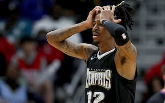 NEW ORLEANS, LOUISIANA - NOVEMBER 15: Ja Morant #12 of the Memphis Grizzlies reacts to a call during the third quarter of an NBA game against the New Orleans Pelicans at Smoothie King Center on November 15, 2022 in New Orleans, Louisiana. NOTE TO USER: User expressly acknowledges and agrees that, by downloading and or using this photograph, User is consenting to the terms and conditions of the Getty Images License Agreement. (Photo by Sean Gardner/Getty Images)