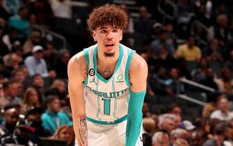 CHARLOTTE, NC - NOVEMBER 16: LaMelo Ball #1 of the Charlotte Hornets looks on during the game against the Indiana Pacers on November 16, 2022 at Spectrum Center in Charlotte, North Carolina. NOTE TO USER: User expressly acknowledges and agrees that, by downloading and or using this photograph, User is consenting to the terms and conditions of the Getty Images License Agreement. Mandatory Copyright Notice: Copyright 2022 NBAE (Photo by Kent Smith/NBAE via Getty Images)