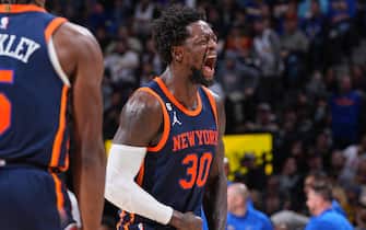 DENVER, CO - NOVEMBER 16: Julius Randle #30 of the New York Knicks celebrates during the game against the Denver Nuggets on November 16, 2022 at the Ball Arena in Denver, Colorado. NOTE TO USER: User expressly acknowledges and agrees that, by downloading and/or using this Photograph, user is consenting to the terms and conditions of the Getty Images License Agreement. Mandatory Copyright Notice: Copyright 2022 NBAE (Photo by Bart Young/NBAE via Getty Images)