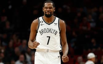 PORTLAND, OREGON - NOVEMBER 17: Kevin Durant #7 of the Brooklyn Nets reacts during the third quarter against the Portland Trail Blazers at Moda Center on November 17, 2022 in Portland, Oregon. NOTE TO USER: User expressly acknowledges and agrees that, by downloading and or using this photograph, User is consenting to the terms and conditions of the Getty Images License Agreement. (Photo by Steph Chambers/Getty Images)