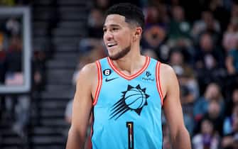 SALT LAKE CITY, UT - NOVEMBER 18: Devin Booker #1 of the Phoenix Suns smiles during the game against the Utah Jazz on November 18, 2022 at vivint.SmartHome Arena in Salt Lake City, Utah. NOTE TO USER: User expressly acknowledges and agrees that, by downloading and or using this Photograph, User is consenting to the terms and conditions of the Getty Images License Agreement. Mandatory Copyright Notice: Copyright 2022 NBAE (Photo by Melissa Majchrzak/NBAE via Getty Images)