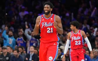 PHILADELPHIA, PA - NOVEMBER 18: Joel Embiid #21 of the Philadelphia 76ers reacts against the Milwaukee Bucks in the third quarter at the Wells Fargo Center on November 18, 2022 in Philadelphia, Pennsylvania. The 76ers defeated the Bucks 110-102. NOTE TO USER: User expressly acknowledges and agrees that, by downloading and or using this photograph, User is consenting to the terms and conditions of the Getty Images License Agreement. (Photo by Mitchell Leff/Getty Images)