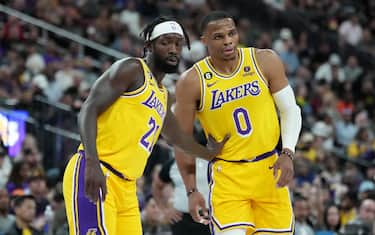 LAS VEGAS, NV - OCTOBER 5: Patrick Beverley #21 of the Los Angeles Lakers high fives Russell Westbrook #0 of the Los Angeles Lakers during a preseason game on October 5 2022 at T-Mobile Arena in Las Vegas, Nevada. NOTE TO USER: User expressly acknowledges and agrees that, by downloading and or using this photograph, User is consenting to the terms and conditions of the Getty Images License Agreement. Mandatory Copyright Notice: Copyright 2022 NBAE (Photo by Jeff Bottari/NBAE via Getty Images)