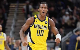 INDIANAPOLIS, INDIANA - NOVEMBER 25: 	Bennedict Mathurin #00 of the Indiana Pacers celebrates against the Brooklyn Nets at Gainbridge Fieldhouse on November 25, 2022 in Indianapolis, Indiana.    NOTE TO USER: User expressly acknowledges and agrees that, by downloading and/or using this photograph, User is consenting to the terms and conditions of the Getty Images License Agreement. (Photo by Andy Lyons/Getty Images)