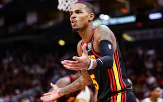 HOUSTON, TEXAS - NOVEMBER 25: Dejounte Murray #5 of the Atlanta Hawks reacts to a call during the second half against the Houston Rockets at Toyota Center on November 25, 2022 in Houston, Texas. NOTE TO USER: User expressly acknowledges and agrees that, by downloading and or using this photograph, User is consenting to the terms and conditions of the Getty Images License Agreement. (Photo by Carmen Mandato/Getty Images)