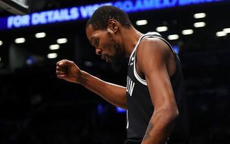 NEW YORK, NEW YORK - NOVEMBER 28: Kevin Durant #7 of the Brooklyn Nets pumps his fist after making a basket against the Orlando Magic during the first half at Barclays Center on November 28, 2022 in New York City. NOTE TO USER: User expressly acknowledges and agrees that, by downloading and or using this Photograph, user is consenting to the terms and conditions of the Getty Images License Agreement. Brooklyn Nets defeated the Orlando Magic 109-102. (Photo by Mike Stobe/Getty Images)