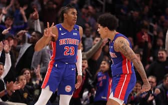 DETROIT, MICHIGAN - DECEMBER 01: Jaden Ivey #23 of the Detroit Pistons celebrates his second half three pointer with Killian Hayes #7 while playing the Dallas Mavericks at Little Caesars Arena on December 01, 2022 in Detroit, Michigan. Detroit won the game 131-125 in overtime. NOTE TO USER: User expressly acknowledges and agrees that, by downloading and or using this photograph, User is consenting to the terms and conditions of the Getty Images License Agreement. (Photo by Gregory Shamus/Getty Images)