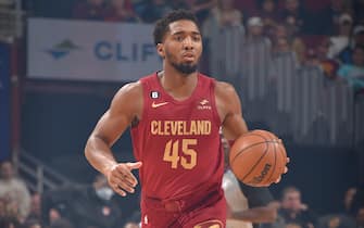 CLEVELAND, OH - DECEMBER 2: Donovan Mitchell #45 of the Cleveland Cavaliers dribbles the ball during the game against the against the Orlando Magic on December 2, 2022 at Rocket Mortgage FieldHouse in Cleveland, Ohio. NOTE TO USER: User expressly acknowledges and agrees that, by downloading and/or using this Photograph, user is consenting to the terms and conditions of the Getty Images License Agreement. Mandatory Copyright Notice: Copyright 2022 NBAE (Photo by David Liam Kyle/NBAE via Getty Images)