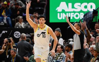 SALT LAKE CITY, UTAH - DECEMBER 02: Simone Fontecchio #16 of the Utah Jazz celebrates a three-point play during the second half of a game against the Indiana Pacersat Vivint Arena on December 02, 2022 in Salt Lake City, Utah. NOTE TO USER: User expressly acknowledges and agrees that, by downloading and or using this photograph, User is consenting to the terms and conditions of the Getty Images License Agreement.  (Photo by Alex Goodlett/Getty Images)