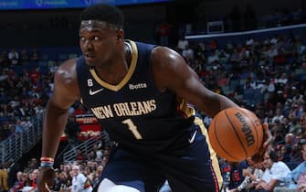 NEW ORLEANS, LA - DECEMBER 4: Zion Williamson #1 of the New Orleans Pelicans drives to the basket during the game against the Denver Nuggets on December 4, 2022 at the Smoothie King Center in New Orleans, Louisiana. NOTE TO USER: User expressly acknowledges and agrees that, by downloading and or using this Photograph, user is consenting to the terms and conditions of the Getty Images License Agreement. Mandatory Copyright Notice: Copyright 2022 NBAE (Photo by Layne Murdoch Jr./NBAE via Getty Images)
