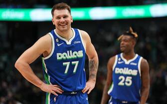 DALLAS, TX - DECEMBER 25: Luka Doncic #77 of the Dallas Mavericks smiles during the game against the Los Angeles Lakers on December 25, 2022 at the American Airlines Center in Dallas, Texas. NOTE TO USER: User expressly acknowledges and agrees that, by downloading and or using this photograph, User is consenting to the terms and conditions of the Getty Images License Agreement. Mandatory Copyright Notice: Copyright 2022 NBAE (Photo by Glenn James/NBAE via Getty Images)