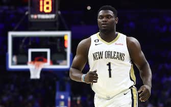 PHILADELPHIA, PENNSYLVANIA - JANUARY 02: Zion Williamson #1 of the New Orleans Pelicans looks on during the first quarter against the Philadelphia 76ers at Wells Fargo Center on January 02, 2023 in Philadelphia, Pennsylvania. NOTE TO USER: User expressly acknowledges and agrees that, by downloading and or using this photograph, User is consenting to the terms and conditions of the Getty Images License Agreement. (Photo by Tim Nwachukwu/Getty Images)