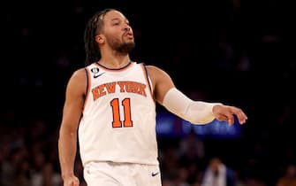 NEW YORK, NEW YORK - JANUARY 04: Jalen Brunson #11 of the New York Knicks celebrates a three point shot during the second half at Madison Square Garden on January 04, 2023 in New York City. The New York Knicks defeated the San Antonio Spurs 117-114. NOTE TO USER: User expressly acknowledges and agrees that, by downloading and or using this photograph, User is consenting to the terms and conditions of the Getty Images License Agreement. (Photo by Elsa/Getty Images)