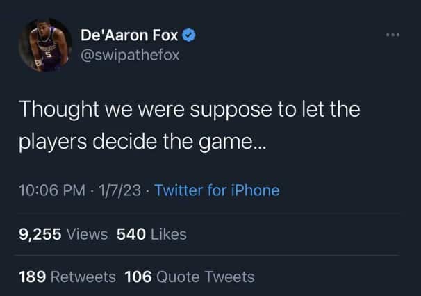 Il tweet (poi cancellato) di De'Aaron Fox