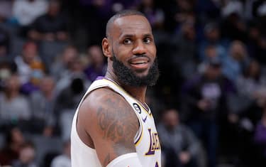 SACRAMENTO, CA - JANUARY 7: LeBron James #6 of the Los Angeles Lakers smiles during the game against the Sacramento Kings on January 7, 2023 at Golden 1 Center in Sacramento, California. NOTE TO USER: User expressly acknowledges and agrees that, by downloading and or using this Photograph, user is consenting to the terms and conditions of the Getty Images License Agreement. Mandatory Copyright Notice: Copyright 2023 NBAE (Photo by Rocky Widner/NBAE via Getty Images)