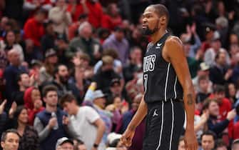 CHICAGO, ILLINOIS - JANUARY 04: Kevin Durant #7 of the Brooklyn Nets reacts against the Chicago Bulls during the second half at United Center on January 04, 2023 in Chicago, Illinois. NOTE TO USER: User expressly acknowledges and agrees that, by downloading and or using this photograph, User is consenting to the terms and conditions of the Getty Images License Agreement. (Photo by Michael Reaves/Getty Images)