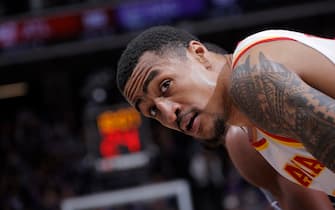 SACRAMENTO, CA - JANUARY 4: John Collins #20 of the Atlanta Hawks looks on during the game against the Sacramento Kings on January 4, 2023 at Golden 1 Center in Sacramento, California. NOTE TO USER: User expressly acknowledges and agrees that, by downloading and or using this photograph, User is consenting to the terms and conditions of the Getty Images Agreement. Mandatory Copyright Notice: Copyright 2023 NBAE (Photo by Rocky Widner/NBAE via Getty Images)
