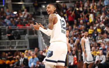 INDIANAPOLIS, IN - JANUARY 14: Ja Morant #12 of the Memphis Grizzlies celebrates during the game against the Indiana Pacers on January 14, 2023 at Gainbridge Fieldhouse in Indianapolis, Indiana. NOTE TO USER: User expressly acknowledges and agrees that, by downloading and or using this Photograph, user is consenting to the terms and conditions of the Getty Images License Agreement. Mandatory Copyright Notice: Copyright 2023 NBAE (Photo by Joe Murphy/NBAE via Getty Images)