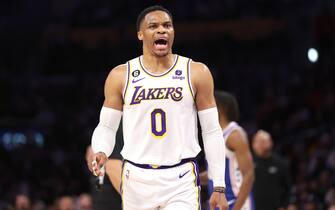 LOS ANGELES, CALIFORNIA - JANUARY 15:  Russell Westbrook #0 of the Los Angeles Lakers reacts after drawing a foul during the first half of a game against the Philadelphia 76ers at Crypto.com Arena on January 15, 2023 in Los Angeles, California.  NOTE TO USER: User expressly acknowledges and agrees that, by downloading and or using this photograph, User is consenting to the terms and conditions of the Getty Images License Agreement. (Photo by Sean M. Haffey/Getty Images)