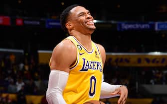LOS ANGELES, CA - JANUARY 16: Russell Westbrook #0 of the Los Angeles Lakers smiles during the game against the Houston Rockets on January 16, 2023 at Crypto.Com Arena in Los Angeles, California. NOTE TO USER: User expressly acknowledges and agrees that, by downloading and/or using this Photograph, user is consenting to the terms and conditions of the Getty Images License Agreement. Mandatory Copyright Notice: Copyright 2023 NBAE (Photo by Adam Pantozzi/NBAE via Getty Images)