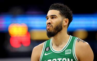 ORLANDO, FLORIDA - JANUARY 23: Jayson Tatum #0 of the Boston Celtics looks on during a game against the Orlando Magic at Amway Center on January 23, 2023 in Orlando, Florida. NOTE TO USER: User expressly acknowledges and agrees that, by downloading and or using this photograph, User is consenting to the terms and conditions of the Getty Images License Agreement. (Photo by Mike Ehrmann/Getty Images)