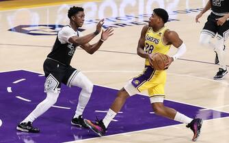LOS ANGELES, CA - JANUARY 25: Los Angeles Lakers forward Rui Hachimura (28) goes to basket during the San Antonio Spurs vs Los Angeles Lakers game January 25, 2023, at Crypto.com Arena in Los Angeles, CA. (Photo by Jevone Moore/Icon Sportswire via Getty Images)