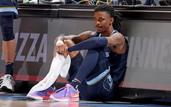 MINNEAPOLIS, MN -  JANUARY 27: Ja Morant #12 of the Memphis Grizzlies looks on during the game against the Minnesota Timberwolves on January 27, 2023 at Target Center in Minneapolis, Minnesota. NOTE TO USER: User expressly acknowledges and agrees that, by downloading and or using this Photograph, user is consenting to the terms and conditions of the Getty Images License Agreement. Mandatory Copyright Notice: Copyright 2023 NBAE (Photo by David Sherman/NBAE via Getty Images)
