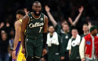BOSTON, MASSACHUSETTS - JANUARY 28: Jaylen Brown #7 of the Boston Celtics celebrates during the fourth quarter against the Los Angeles Lakers at TD Garden on January 28, 2023 in Boston, Massachusetts. The Celtics defeat the Lakers 125-121.  (Photo by Maddie Meyer/Getty Images)