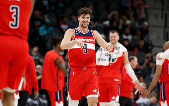 SAN ANTONIO, TX - JANUARY 30:  Deni Avdija #9 of the Washington Wizards celebrates after a basket against the San Antonio Spurs in the second half at AT&T Center on January 30, 2023 in San Antonio, Texas. NOTE TO USER: User expressly acknowledges and agrees that, by downloading and or using this photograph, User is consenting to terms and conditions of the Getty Images License Agreement. (Photo by Ronald Cortes/Getty Images)