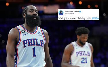 PHILADELPHIA, PA - JANUARY 28: James Harden #1 and Joel Embiid #21 of the Philadelphia 76ers look on against the Denver Nuggets at the Wells Fargo Center on January 28, 2023 in Philadelphia, Pennsylvania. NOTE TO USER: User expressly acknowledges and agrees that, by downloading and or using this photograph, User is consenting to the terms and conditions of the Getty Images License Agreement. (Photo by Mitchell Leff/Getty Images)
