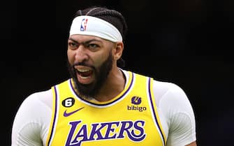 BOSTON, MASSACHUSETTS - JANUARY 28: Anthony Davis #3 of the Los Angeles Lakers reacts during the first half against the Boston Celtics at TD Garden on January 28, 2023 in Boston, Massachusetts. (Photo by Maddie Meyer/Getty Images)