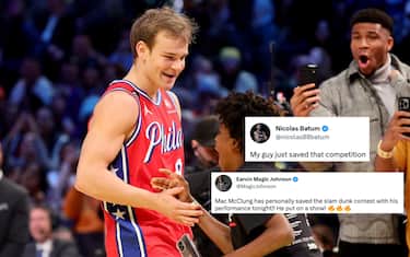 SALT LAKE CITY, UTAH - FEBRUARY 18: Mac McClung #9 of the Philadelphia 76ers celebrates a dunk in the 2023 NBA All Star AT&T Slam Dunk Contest at Vivint Arena on February 18, 2023 in Salt Lake City, Utah. NOTE TO USER: User expressly acknowledges and agrees that, by downloading and or using this photograph, User is consenting to the terms and conditions of the Getty Images License Agreement. (Photo by Tim Nwachukwu/Getty Images)