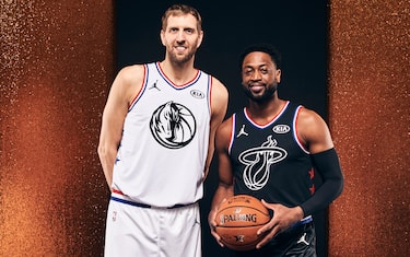 CHARLOTTE, NC - FEBRUARY 17:  Dirk Nowitzki #41 of Team Giannis and Dwyane Wade #3 of Team LeBron poses for a portrait before the 2019 NBA All-Star game on February 17, 2019 at the Spectrum Center in Charlotte, North Carolina. NOTE TO USER: User expressly acknowledges and agrees that, by downloading and or using this photograph, User is consenting to the terms and conditions of the Getty Images License Agreement. Mandatory Copyright Notice: Copyright 2019 NBAE (Photo by Jennifer Pottheiser/NBAE via Getty Images)