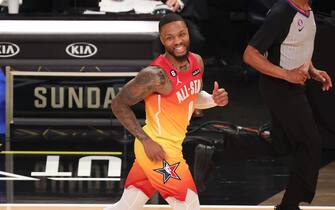 SALT LAKE CITY, UT - FEBRUARY 19: Damian Lillard #0 of Team Giannis smiles during the NBA All-Star Game as part of 2023 NBA All Star Weekend on Sunday, February 19, 2023 at the Vivint Arena in Salt Lake City, Utah. NOTE TO USER: User expressly acknowledges and agrees that, by downloading and/or using this Photograph, user is consenting to the terms and conditions of the Getty Images License Agreement. Mandatory Copyright Notice: Copyright 2023 NBAE (Photo by David Sherman/NBAE via Getty Images)