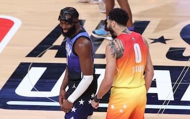 SALT LAKE CITY, UT - FEBRUARY 19: Jaylen Brown #7 of Team LeBron talks with Jayson Tatum #0 of Team Giannis during the NBA All-Star Game as part of 2023 NBA All Star Weekend on Sunday, February 19, 2023 at the Vivint Arena
Vivint Arena in Salt Lake City, Utah. NOTE TO USER: User expressly acknowledges and agrees that, by downloading and/or using this Photograph, user is consenting to the terms and conditions of the Getty Images License Agreement. Mandatory Copyright Notice: Copyright 2023 NBAE (Photo by Joe Murphy/NBAE via Getty Images)