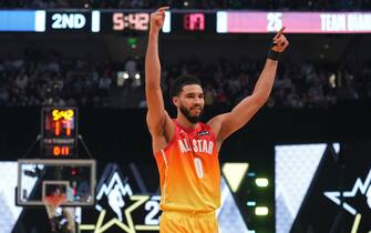 SALT LAKE CITY, UT - FEBRUARY 19: Jayson Tatum #0 of Team Giannis celebrates during the NBA All-Star Game as part of 2023 NBA All Star Weekend on Sunday, February 19, 2023 at Vivint Arena in Salt Lake City, Utah. NOTE TO USER: User expressly acknowledges and agrees that, by downloading and/or using this Photograph, user is consenting to the terms and conditions of the Getty Images License Agreement. Mandatory Copyright Notice: Copyright 2023 NBAE (Photo by Jesse D. Garrabrant/NBAE via Getty Images)