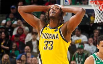 INDIANAPOLIS, IN - FEBRUARY 23: Myles Turner #33 of the Indiana Pacers smiles during the game against the Boston Celtics on February 23, 2023 at Gainbridge Fieldhouse in Indianapolis, Indiana. NOTE TO USER: User expressly acknowledges and agrees that, by downloading and or using this Photograph, user is consenting to the terms and conditions of the Getty Images License Agreement. Mandatory Copyright Notice: Copyright 2023 NBAE (Photo by Ron Hoskins/NBAE via Getty Images)