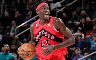 DETROIT, MI - FEBRUARY 25: Pascal Siakam #43 of the Toronto Raptors dribbles the ball against the Detroit Pistons on February 25, 2023 at Little Caesars Arena in Detroit, Michigan. NOTE TO USER: User expressly acknowledges and agrees that, by downloading and/or using this photograph, User is consenting to the terms and conditions of the Getty Images License Agreement. Mandatory Copyright Notice: Copyright 2023 NBAE (Photo by Brian Sevald/NBAE via Getty Images)