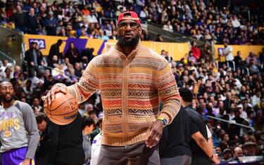 LOS ANGELES, CA - MARCH 12:  LeBron James #6 of the Los Angeles Lakers looks on during Half-time on March 12, 2023 at Crypto.Com Arena in Los Angeles, California. NOTE TO USER: User expressly acknowledges and agrees that, by downloading and/or using this Photograph, user is consenting to the terms and conditions of the Getty Images License Agreement. Mandatory Copyright Notice: Copyright 2023 NBAE (Photo by Adam Pantozzi/NBAE via Getty Images)