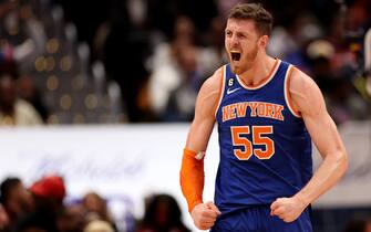 WASHINGTON, DC - JANUARY 13: Isaiah Hartenstein #55 of the New York Knicks celebrates after scoring against the Washington Wizards in the second half at Capital One Arena on January 13, 2023 in Washington, DC. NOTE TO USER: User expressly acknowledges and agrees that, by downloading and or using this photograph, User is consenting to the terms and conditions of the Getty Images License Agreement.  (Photo by Rob Carr/Getty Images)