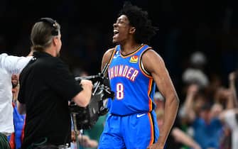 OKLAHOMA CITY, OK - MARCH 29: Jalen Williams #8 of the Oklahoma City Thunder celebrates after hitting the game-winning shot against the Detroit Pistons in the fourth quarter at Paycom Center on March 29, 2023 in Oklahoma City, Oklahoma. NOTE TO USER: User expressly acknowledges and agrees that, by downloading and or using this photograph, User is consenting to the terms and conditions of the Getty Images License Agreement. (Photo by Joshua Gateley/Getty Images)