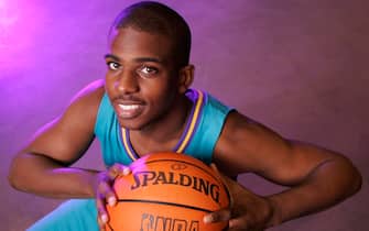 OKLAHOMA CITY - OCTOBER 3:  Chris Paul #3 of the New Orleans/Oklahoma City Hornets poses for photos during NBA Media day at the Ford Center October 3, 2005 in Oklahoma City, Oklahoma. NOTE TO USER: User expressly acknowledges and agrees that, by downloading and or using this photograph, user is consenting to the term and conditions of the Getty Images License Agreement. Mandatory Copyright Notice: Copyright 2005 NBAE   (Photo by Gregory Shamus/NBAE via Getty Images)