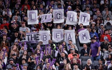 SACRAMENTO, CA - DECEMBER 19: Sacramento Kings fans hold up Light the Beam cheer cards during the game against the Charlotte Hornets on December 19, 2022 at Golden 1 Center in Sacramento, California. NOTE TO USER: User expressly acknowledges and agrees that, by downloading and or using this photograph, User is consenting to the terms and conditions of the Getty Images Agreement. Mandatory Copyright Notice: Copyright 2022 NBAE (Photo by Rocky Widner/NBAE via Getty Images)