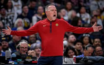 DENVER, CO - MARCH 25: Denver Nuggets head coach Michael Malone gets a technical foul after arguing that Brook Lopez (11) of the Milwaukee Bucks fouled Nikola Jokic (15) during the first quarter at Ball Arena in Denver on Saturday, March 25, 2023. (Photo by AAron Ontiveroz/MediaNews Group/The Denver Post via Getty Images)