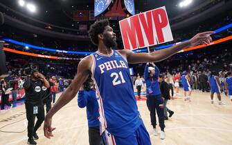 PHILADELPHIA, PA - APRIL 4: Joel Embiid #21 of the Philadelphia 76ers looks on after the game against the Boston Celtics on April 4, 2023 at the Wells Fargo Center in Philadelphia, Pennsylvania NOTE TO USER: User expressly acknowledges and agrees that, by downloading and/or using this Photograph, user is consenting to the terms and conditions of the Getty Images License Agreement. Mandatory Copyright Notice: Copyright 2023 NBAE (Photo by Jesse D. Garrabrant/NBAE via Getty Images)