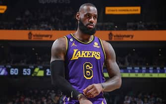 SALT LAKE CITY, UT - APRIL 4:  LeBron James #6 of the Los Angeles Lakers looks on during the game on April 4, 2023 at vivint.SmartHome Arena in Salt Lake City, Utah. NOTE TO USER: User expressly acknowledges and agrees that, by downloading and or using this Photograph, User is consenting to the terms and conditions of the Getty Images License Agreement. Mandatory Copyright Notice: Copyright 2023 NBAE (Photo by Melissa Majchrzak/NBAE via Getty Images)