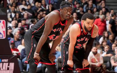 TORONTO, CANADA - APRIL 12:  Pascal Siakam #43 and Fred VanVleet #23 of the Toronto Raptors look on during the game against the Chicago Bulls during the 2023 Play-In Tournament on April 12, 2023 at the Scotiabank Arena in Toronto, Ontario, Canada.  NOTE TO USER: User expressly acknowledges and agrees that, by downloading and or using this Photograph, user is consenting to the terms and conditions of the Getty Images License Agreement.  Mandatory Copyright Notice: Copyright 2022 NBAE (Photo by Mark Blinch/NBAE via Getty Images)