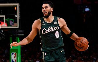 BOSTON, MA - APRIL 15: Jayson Tatum #0 of the Boston Celtics dribbles the ball during Round 1 Game 1 of the 2023 NBA Playoffs against the Atlanta Hawks on April 15, 2023 at the TD Garden in Boston, Massachusetts. NOTE TO USER: User expressly acknowledges and agrees that, by downloading and or using this photograph, User is consenting to the terms and conditions of the Getty Images License Agreement. Mandatory Copyright Notice: Copyright 2023 NBAE  (Photo by Brian Babineau/NBAE via Getty Images)